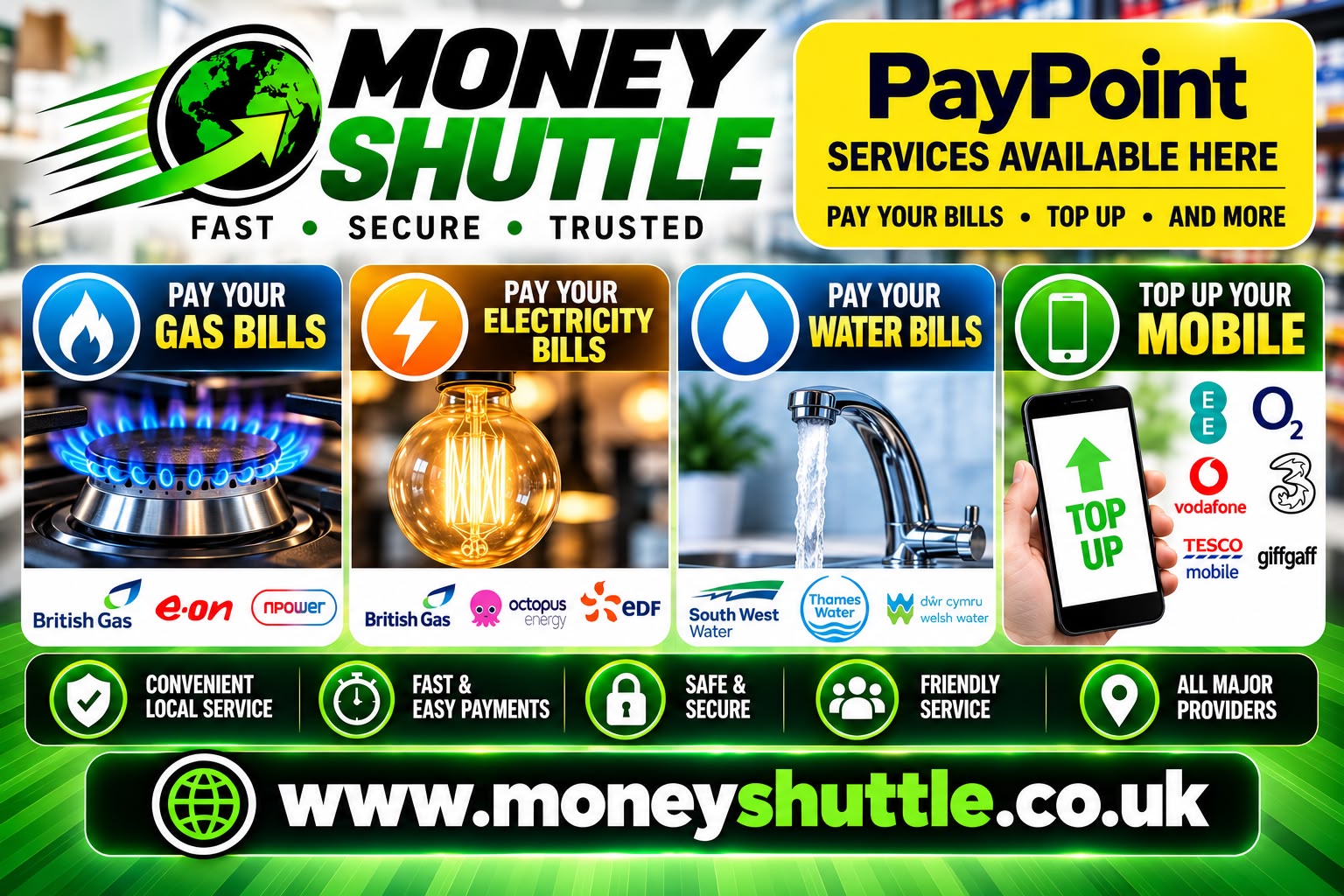 Bill payments & top-ups — Money Shuttle flyer