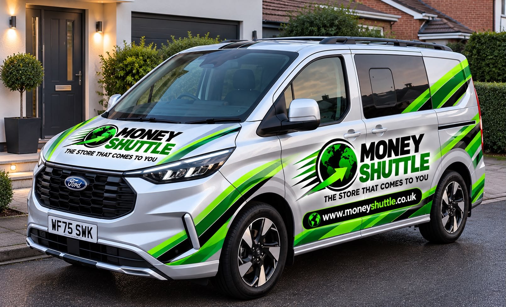 A Money Shuttle van parked outside a customer's home — the store that comes to you